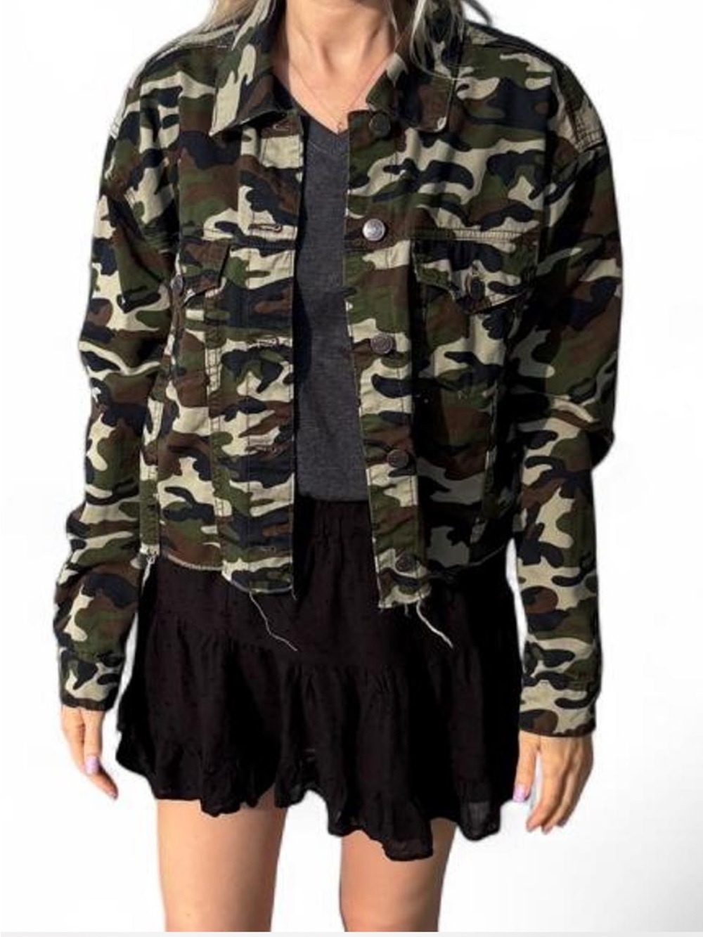 OD camouflage army green Cotton denim Jean jacket frayed small